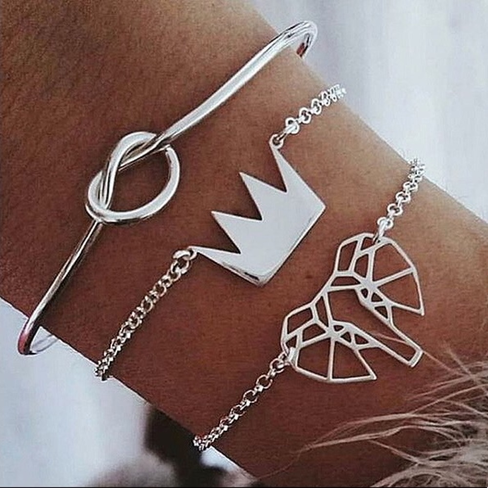 ✨3 pc Silver Elephant Crown Pendant Bracelet